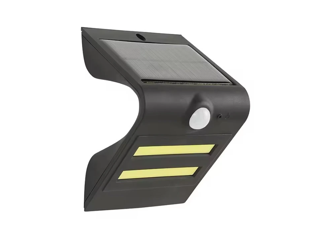 Lampada solare da parete nera con sensore di movimento e doppia striscia LED per illuminazione esterna