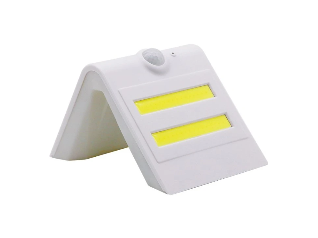 Lampada da parete bianca con sensore di movimento e due strisce LED gialle per illuminazione smart