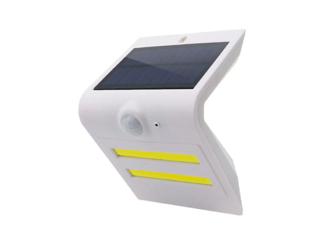 Lampada da parete solare bianca con sensore di movimento e due strisce LED gialle per illuminazione smart