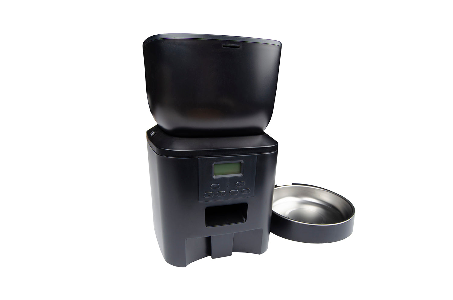 Smart pet feeder nero con ciotola in acciaio inox, dispositivo per alimentazione automatica animali