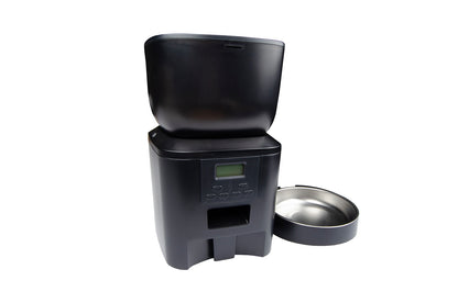 Smart pet feeder nero con ciotola in acciaio inox, dispositivo per alimentazione automatica animali