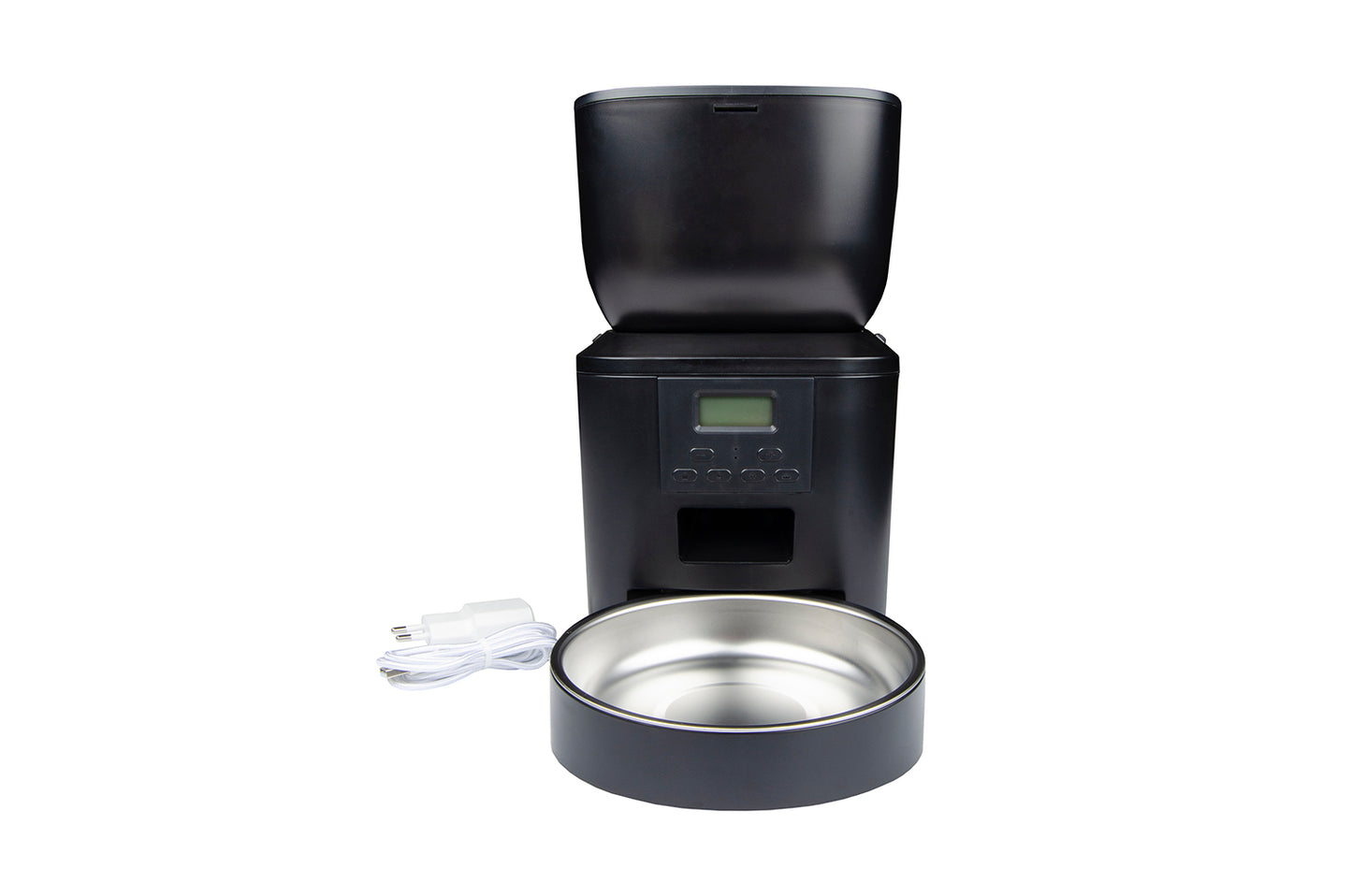 Distributore automatico smart per animali nero con ciotola in acciaio inox integrata e cavo di alimentazione bianco