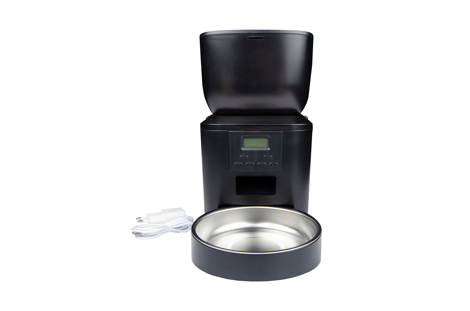 Distributore automatico smart per animali nero con ciotola in acciaio inox integrata e cavo di alimentazione bianco