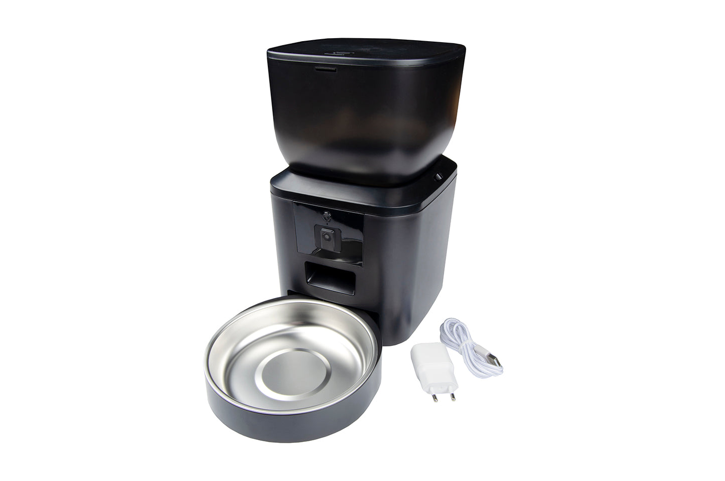 Dispenser automatico nero per cibo animali con ciotola in acciaio inox e cavo di alimentazione bianco