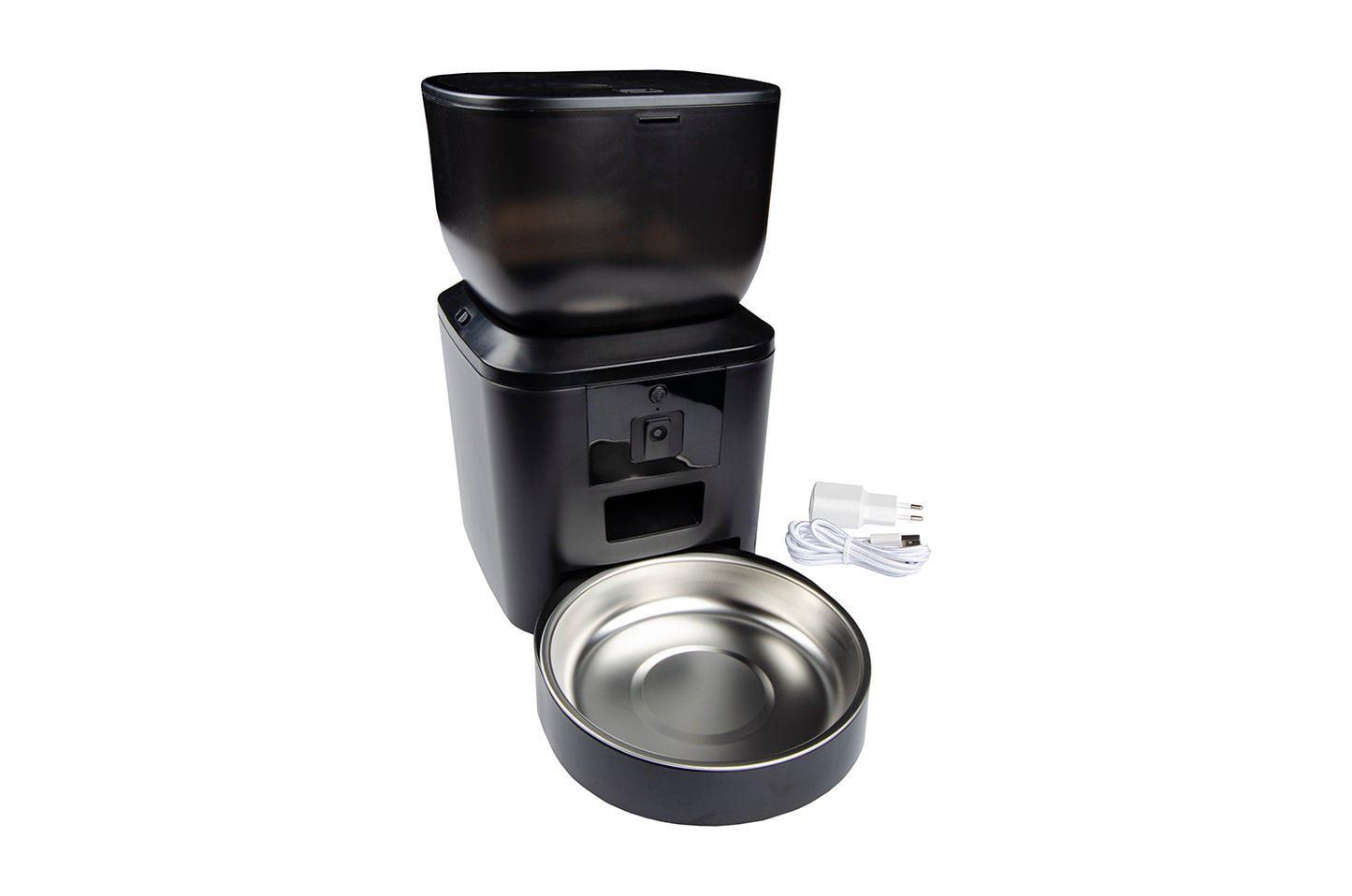 Smart pet feeder nero con ciotola in acciaio inox e cavo di alimentazione per automazione casa