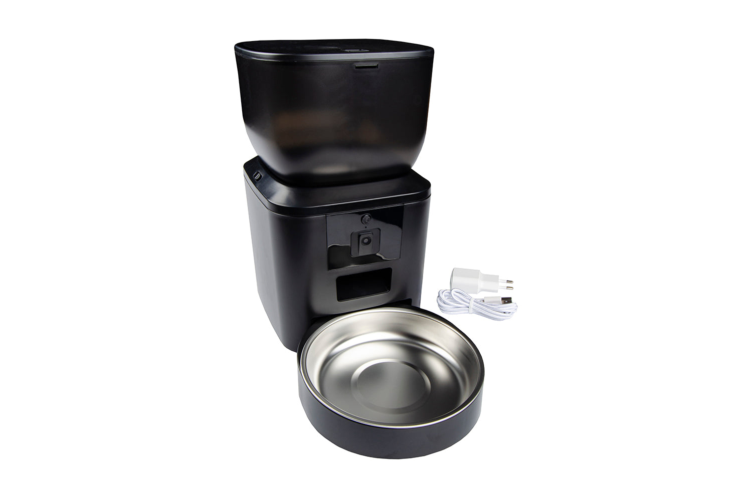 Smart pet feeder nero con ciotola in acciaio inox e cavo di alimentazione per automazione casa