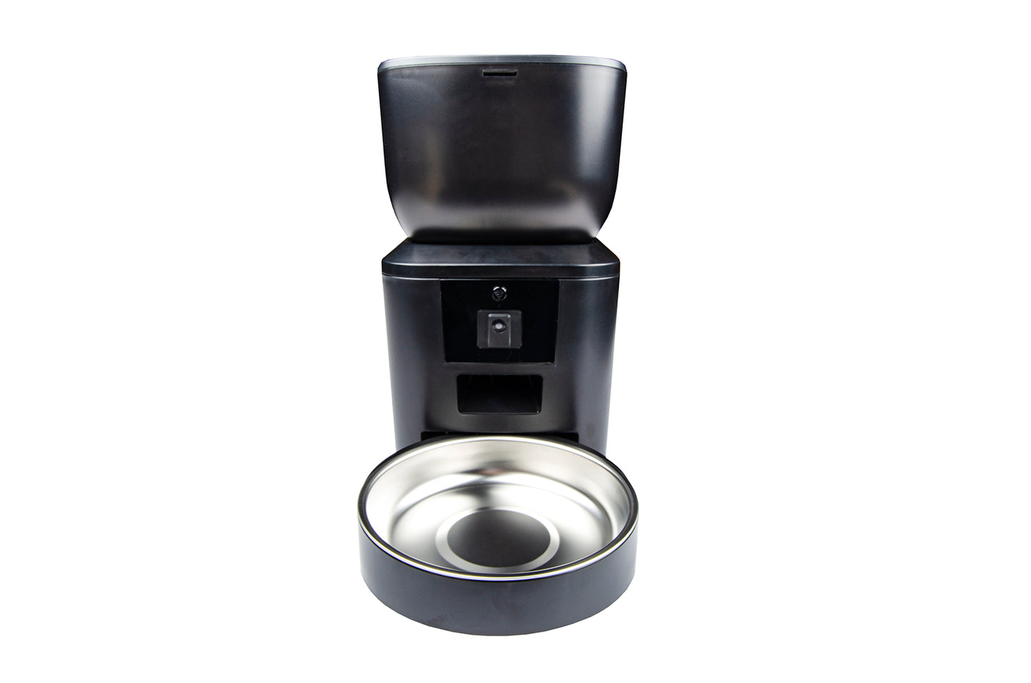 Dispenser automatico smart per cibo animali con ciotola in acciaio inox, design nero moderno