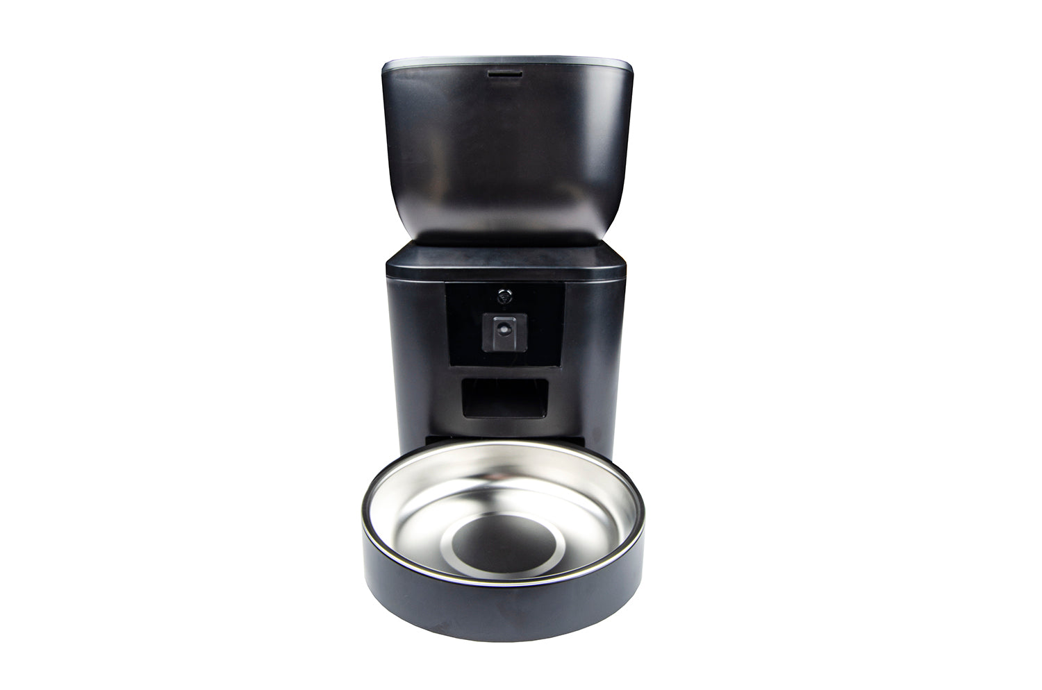 Dispenser automatico smart per cibo animali con ciotola in acciaio inox, design nero moderno