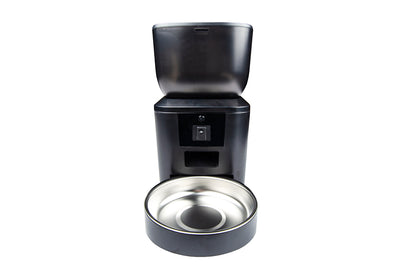 Dispenser automatico smart per cibo animali con ciotola in acciaio inox, design nero moderno