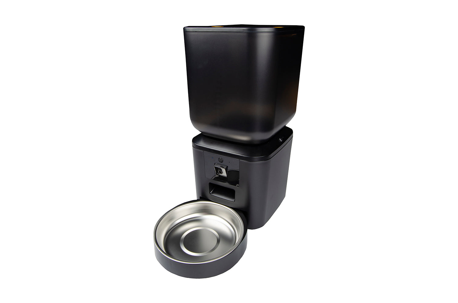 Smart pet feeder nero con ciotola in acciaio e contenitore grande per cibo automatizzato