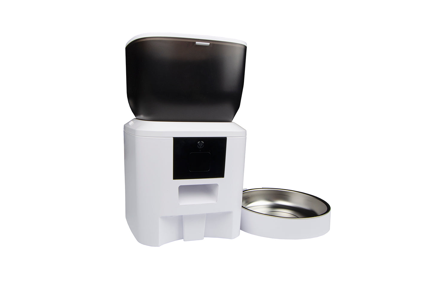 Dispenser intelligente per cibo animali bianco con ciotola in acciaio rimovibile per casa domotica