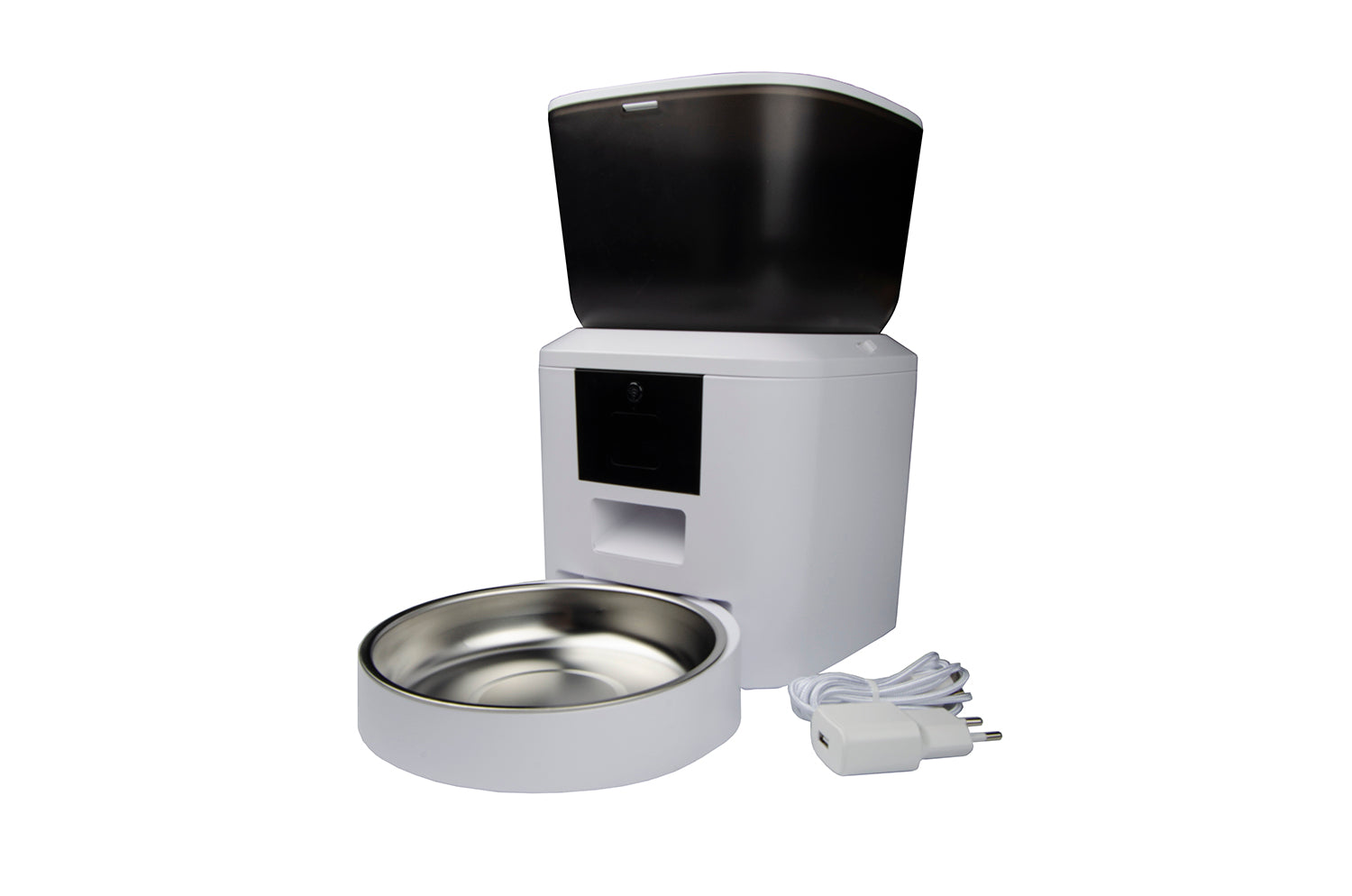 Dispenser automatico smart bianco per cibo animali con ciotola inox e caricatore su sfondo bianco