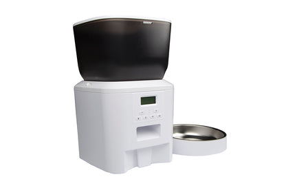 Dispenser automatico per cibo animali domestici SmartDom bianco con ciotola in acciaio inox e pannello di controllo digitale