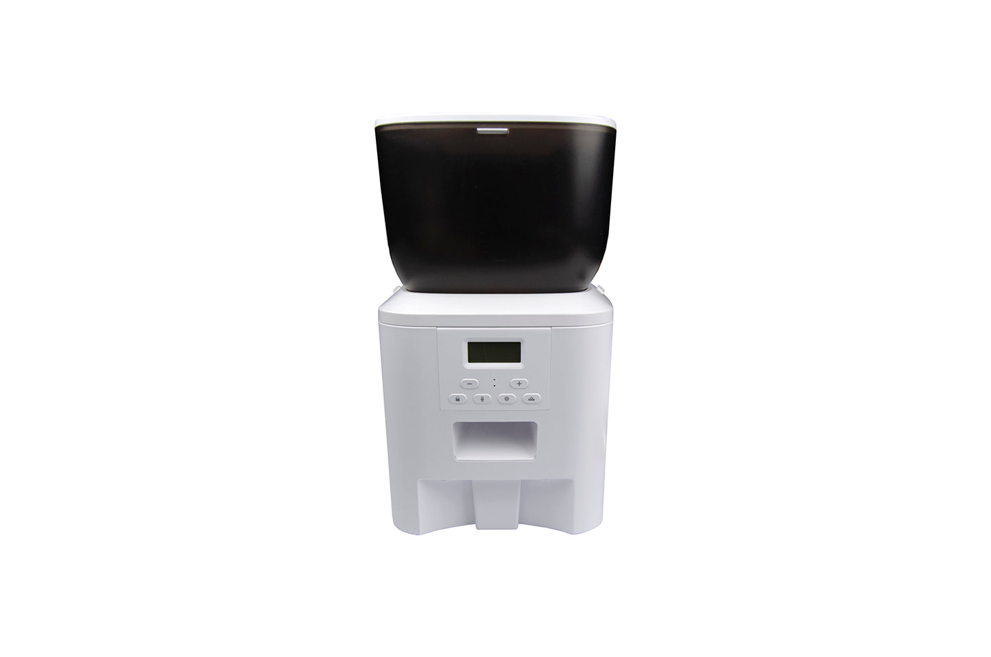 Smart dispenser per cibo animali domestici con controllo digitale bianco e nero, alimentazione automatizzata casa