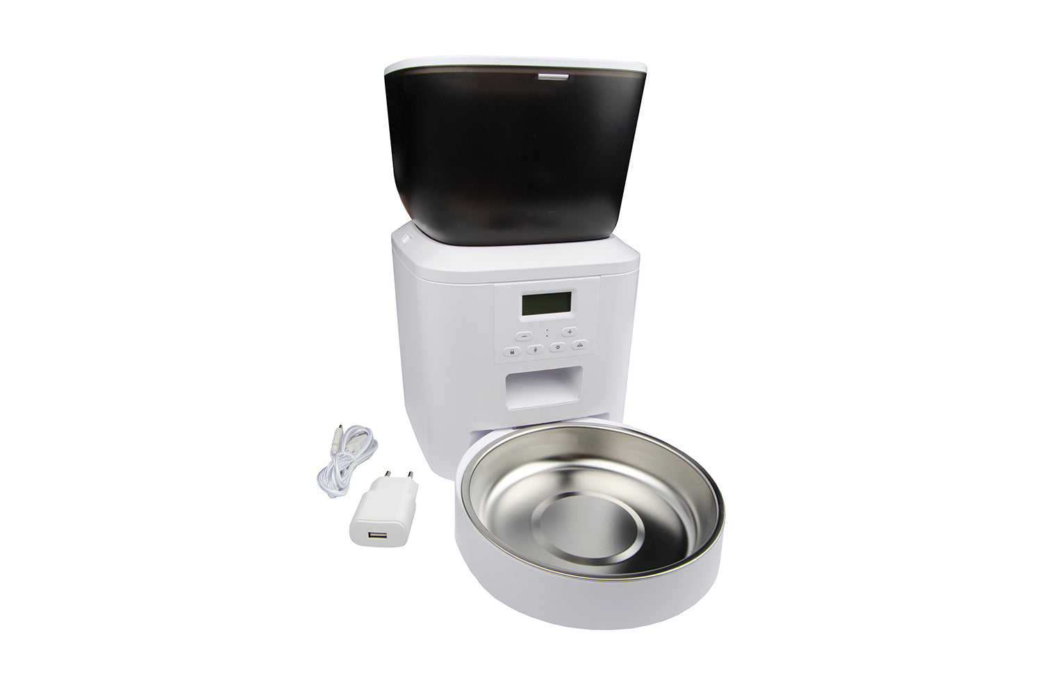 Distributore automatico smart per animali domestici con ciotola in acciaio inox, display digitale e caricatore USB bianco