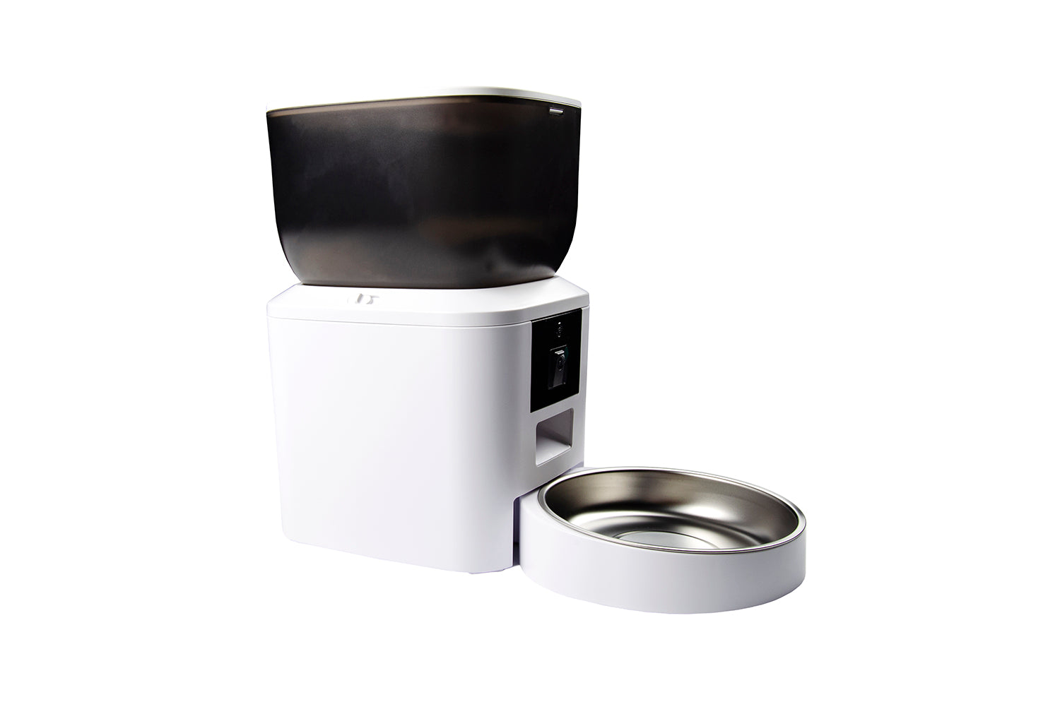 Dispenser automatico smart per cibo animali con contenitore nero e ciotola in acciaio