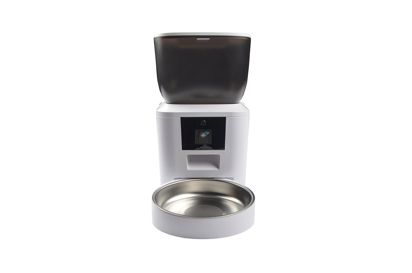 Distributore automatico smart per cibo animali con ciotola in acciaio inox, design moderno bianco e nero