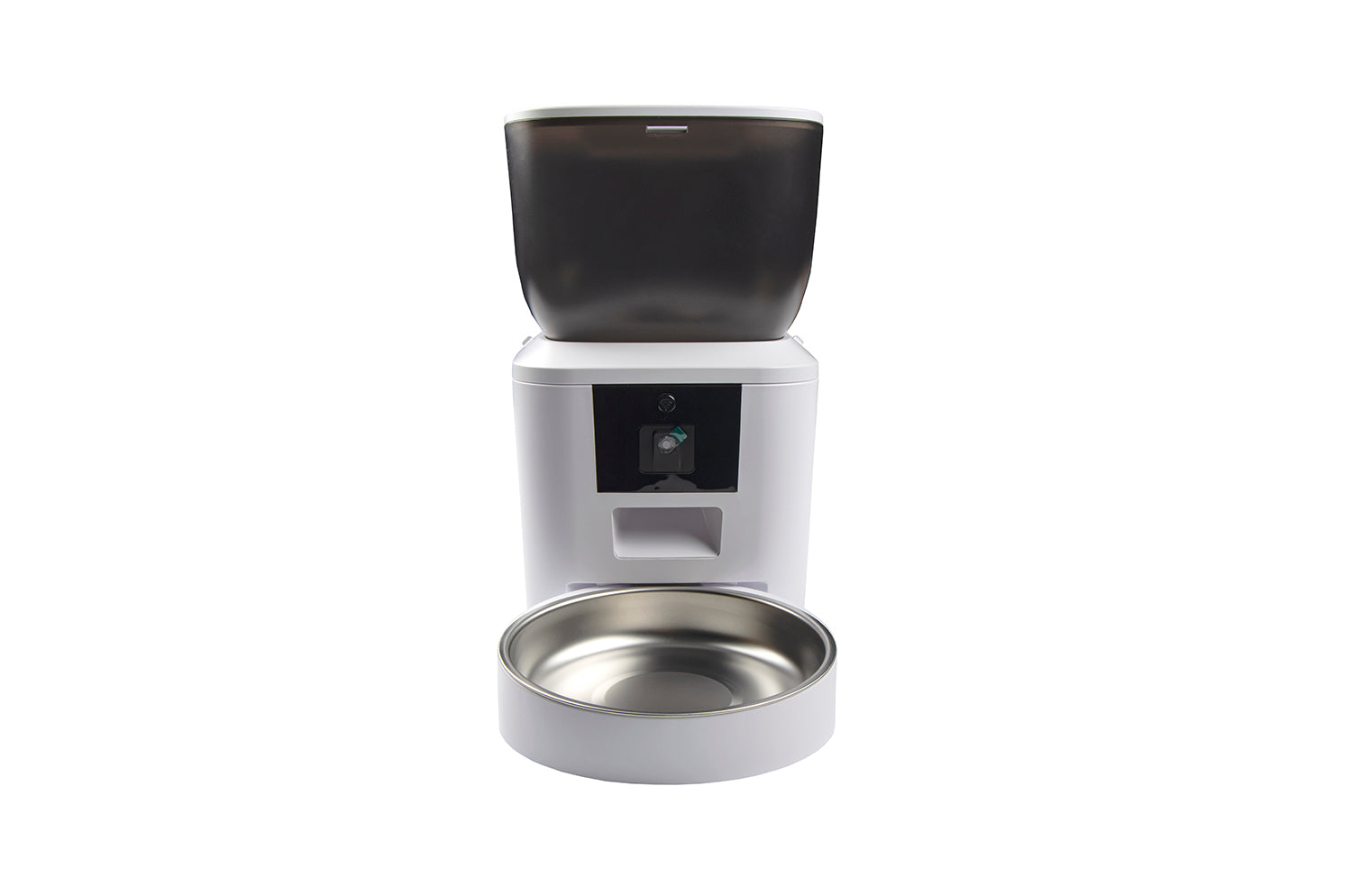 Distributore automatico smart per cibo animali con ciotola in acciaio inox, design moderno bianco e nero