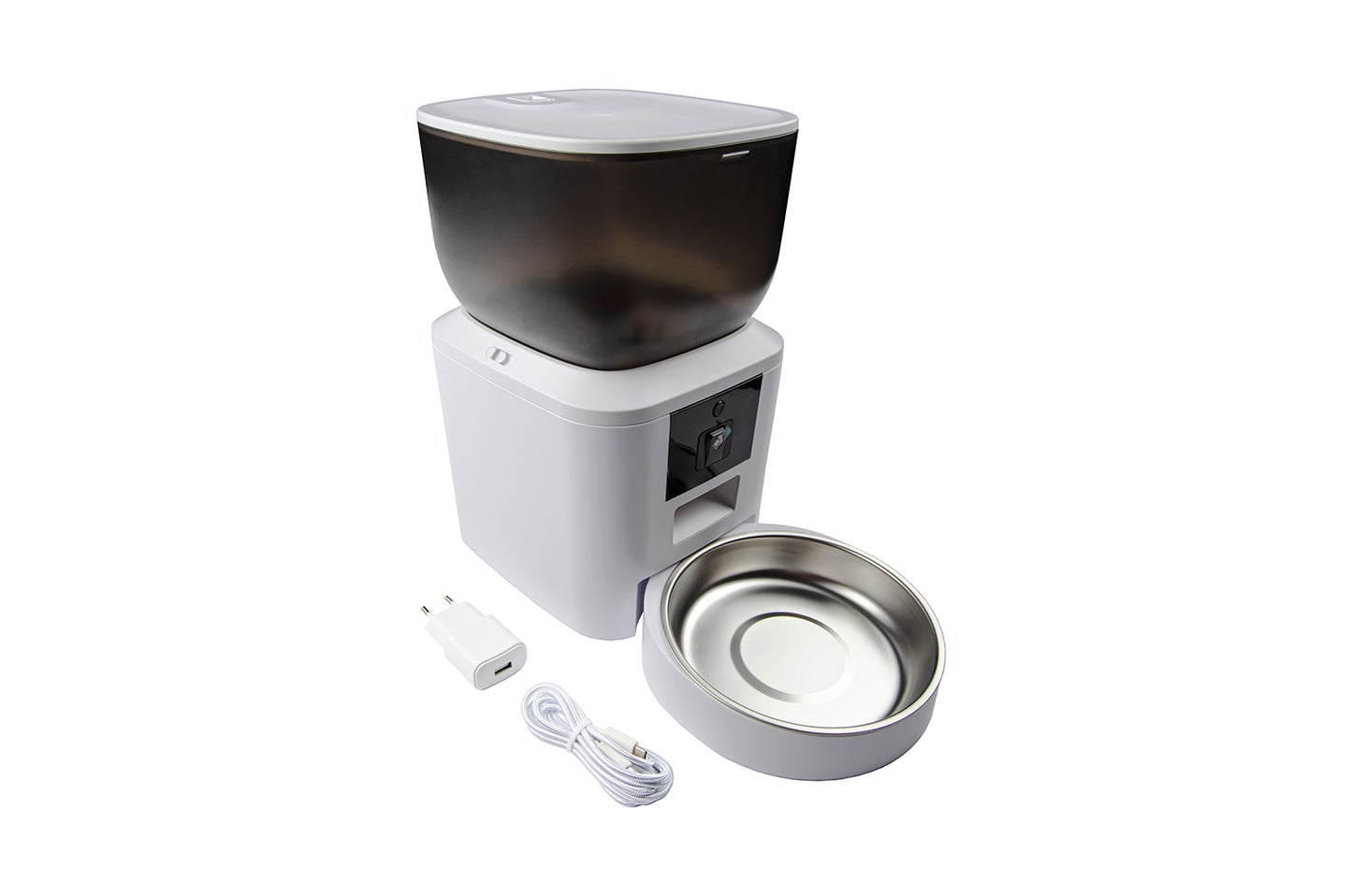 Dispenser automatico smart per animali con ciotola in metallo, ricarica USB e contenitore cibo nero e bianco