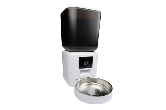 Smart pet feeder Myers PFD-C7 bianco con ciotola in metallo e contenitore nero opaco, automatizzato per casa intelligente