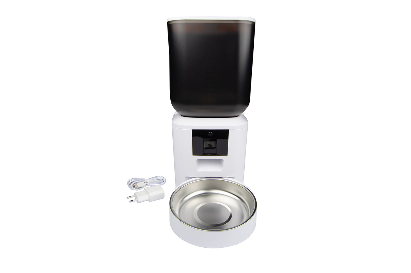 Smart pet feeder Myers PFD-C7 bianco con ciotola in acciaio inox e cavo di alimentazione USB