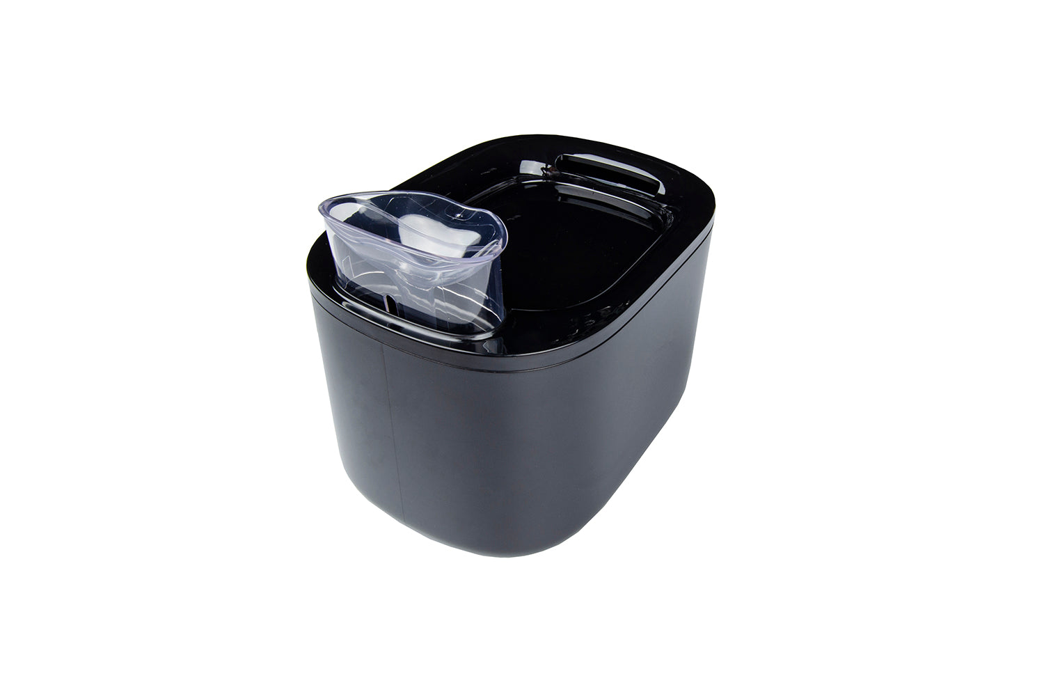 Fontana per acqua pet smart nera con ciotola trasparente su sfondo bianco